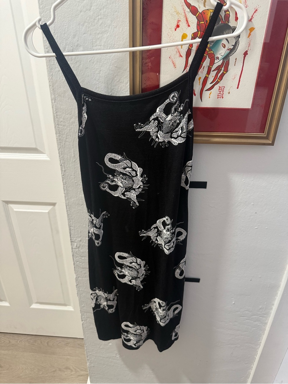 Black Slip Dress with White Dragon Print 90s vintage